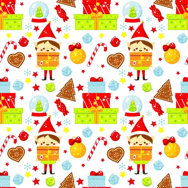 Colorful Christmas Seamless Pattern Elf Gifts Candy Cane Other Seasonal — Stock Vector