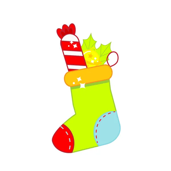 Chaussette Noël Avec Cadeaux Bonbons Sucrés Cloche Jingle Nouvel Cadeau — Image vectorielle