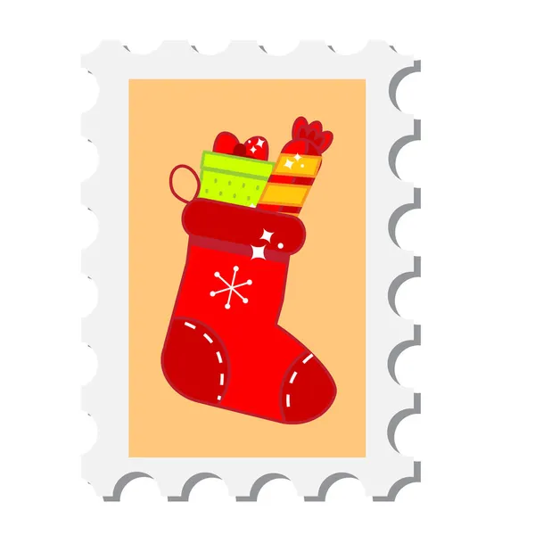 Weihnachtsbriefmarke Mit Geschenkstrumpf Neujahrs Briefmarke Mit Socke Vektor Aufkleber Für — Stockvektor