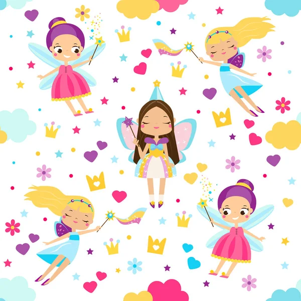 Seamless Pattern Beautiful Flying Fairy Princess Vector Background Elf Girls — Stock Vector