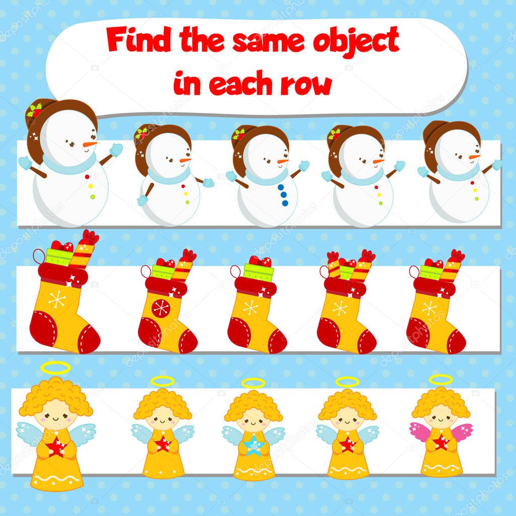 Educational children game for kids and toddlers. What does not fit logic game. Find odd one, extra object. Christmas and New Year theme
