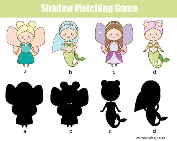 Shadow Matching Spiel Aktivitäten Für Kinder Mit Cartoon Fee Und — Stockvektor