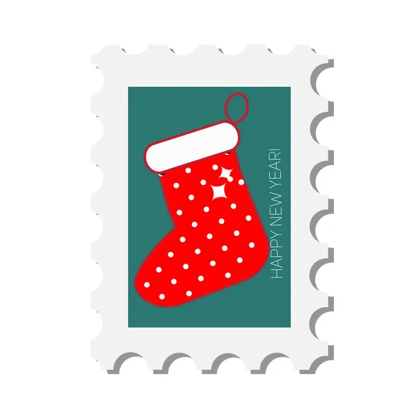 Weihnachtsbriefmarke Mit Geschenkstrumpf Neujahrs Briefmarke Mit Socke Vektor Aufkleber Für — Stockvektor