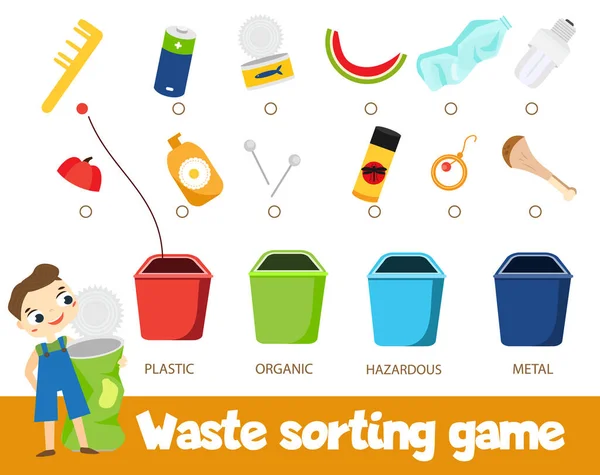 Garbage Sorting Educational Children Game Match Trash Bin Plastic Organic —  Vetores de Stock