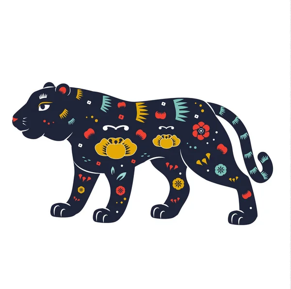 Zodíaco Chino Tigre Decorado Con Flores Adornos Vector Mascota Animal — Vector de stock
