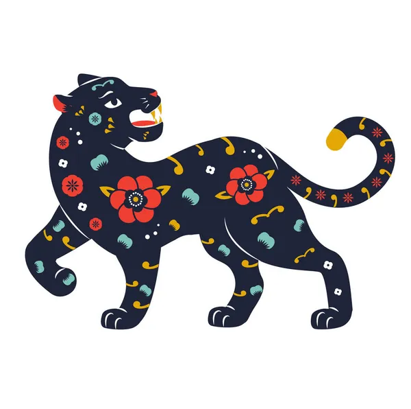 Zodíaco Chinês Tigre Decorado Com Flores Ornamentos Vetor Mascote Animal — Vetor de Stock