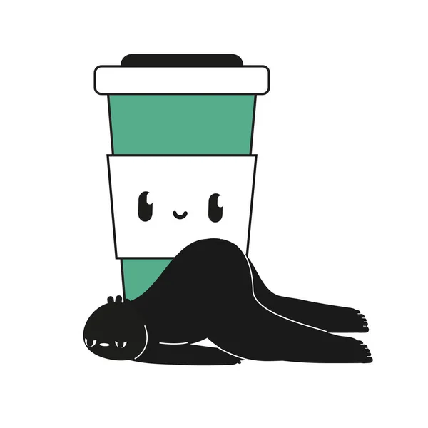 漫画の生き物はコーヒーカップの近くに横たわって疲れました 疲労や燃え尽きるという概念図です — ストックベクタ