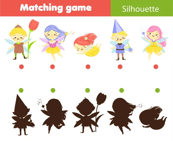 Shadow Matching Game Children Find Right Shadow Cartoon Fairy Elf lizenzfreie Stockvektoren