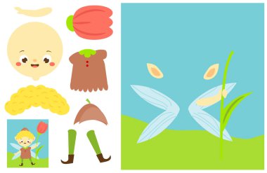 Çocukları kesip yapıştırmak eğitici bir oyundur. Yapıştırıcı ve makasla peri çiçeği elf çocuğu yap. Çocuklar ve bebekler için çalışma tablosu