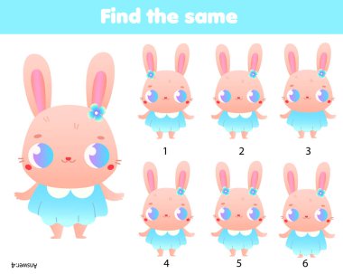 Children educational game. Find two same pictures of cute bunny. Activity fun page for toddlers and babies