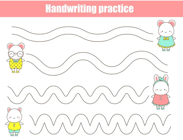 Handwriting Practice Sheet Cute Animals Educational Children Game Tracing Lines — Stock Vector