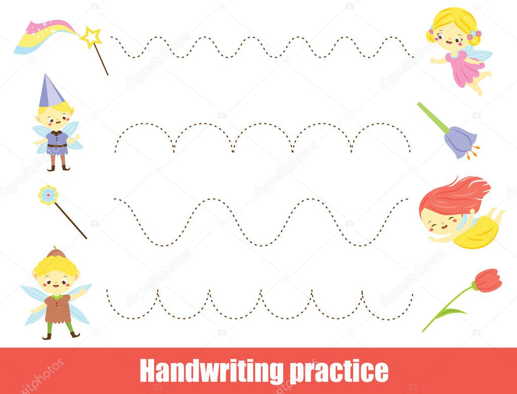Handwriting practice sheet with cute flying fairy. Educational children game. Tracing lines. Basic writing worksheet for kids