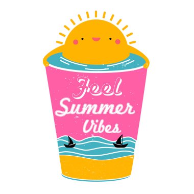 Güneşli cam ve tekneli deniz ve tipografi. Yaz atmosferini hisset. Soyut yazlık çıkartma, poster tasarımı