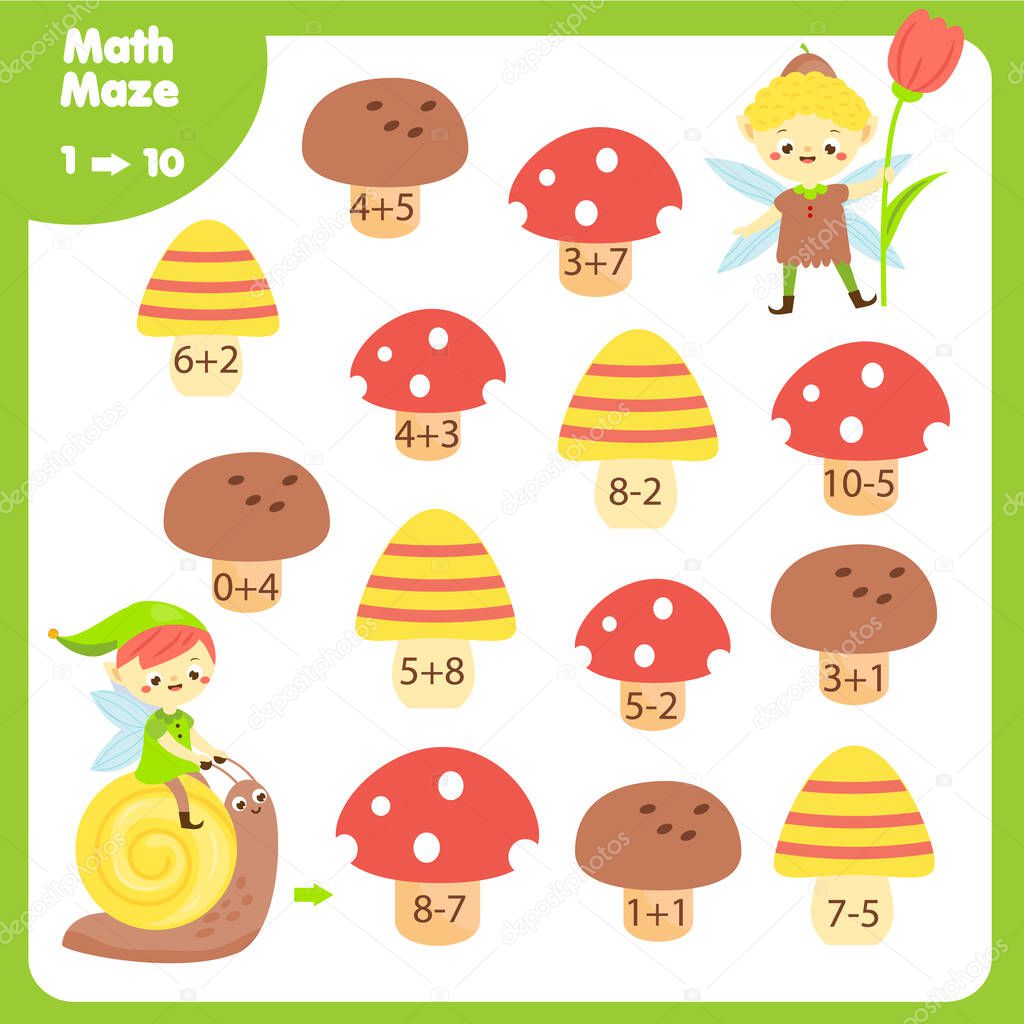 Educational children game. Mathematics maze. Labyrinth with equations from one to ten. Help elf find fairy friend. activity for kids
