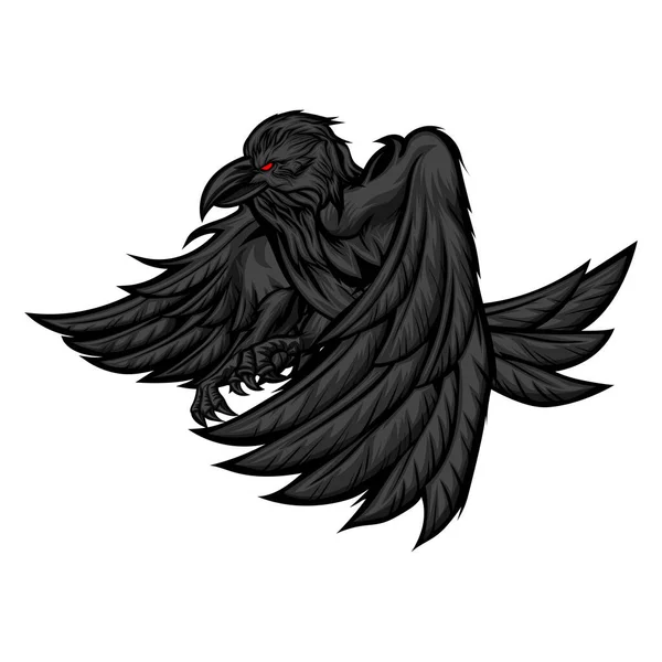 Flying Black Crow Isolated White Background — 图库矢量图片