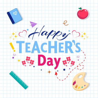 Happy teachers day logo banner with school stuff