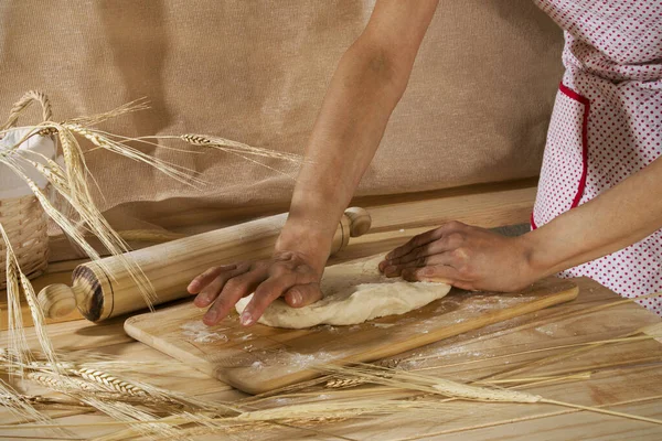 Woman Working Wheat Dough Board — Stock Photo, Image
