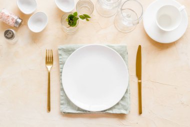 Yemek masası seti. Peçeteli tabak takımı.