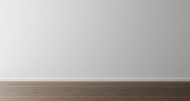 Empty room with a white wall and wood floor. Minimal room backgr