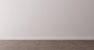 Empty room with a white wall and wood floor. Minimal room backgr