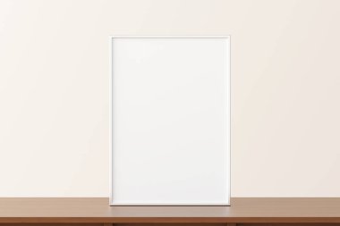 Beyaz duvardaki çerçeve. Dikey poster modeli. 3d oluşturma.