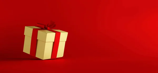 红色背景的金礼品盒 3D渲染 — 图库照片