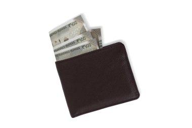Rs. 500 currency notes in a leather wallet