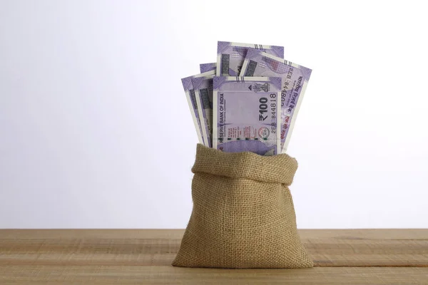 Indian Rupees 100 Currency Notes Jute Bag — Stock Photo, Image