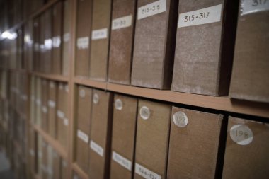 Bir kitaplıktaki eski kitaplar ve dosyalar.