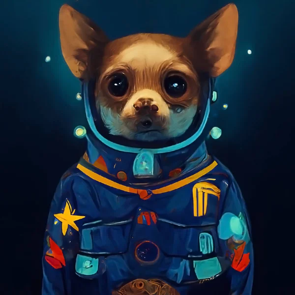 chihuahua in a spacesuit floating in the space