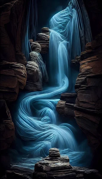 beautiful waterfall in the forest, glowing blue waterfall