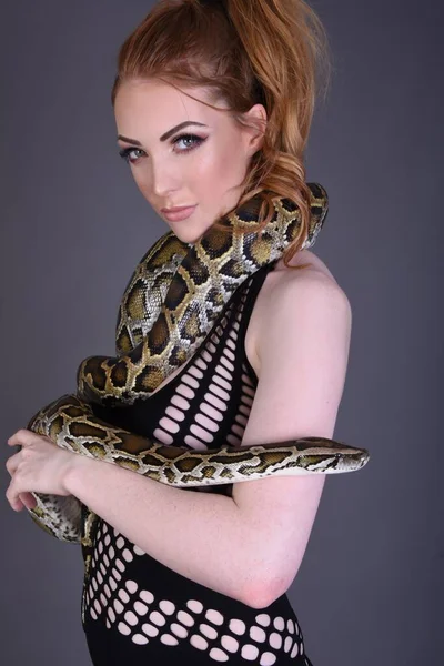 Beautiful Tall Redhead Model Black Dress Her Pet Python Dark — Stock Photo, Image