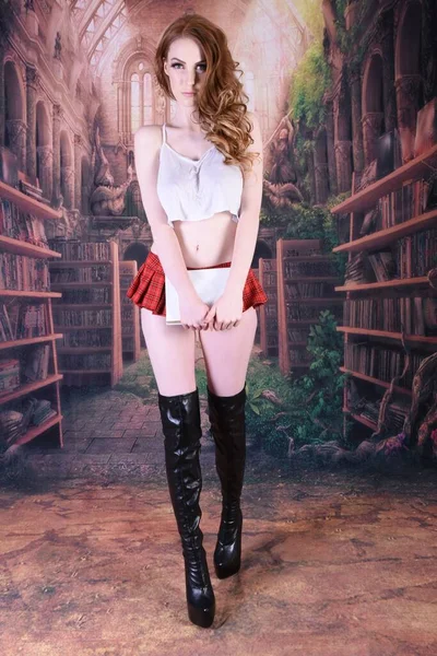 Tall Slim Redhead Model Dressed Schoolgirl Fantasy Library — Fotografia de Stock