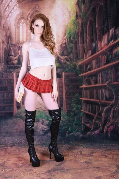 Tall Slim Redhead Model Dressed Schoolgirl Fantasy Library — Stockfoto