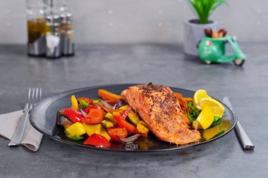 Fresh Roasted Vegetables And Roasted Salmon . High quality photo