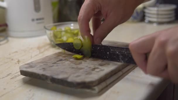 Chefs Fast Hand Cutting Pickles Home Kitchen Black Knife High — Stock video