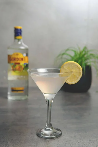 The Classic Summer Jin Tonic cocktail with Lemon in a Hotel Bar. High quality photo