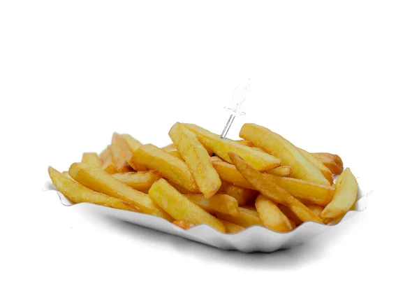 Patatine Fritte Piatto Asporto Con Sfondo Bianco Isolato Foto Alta — Foto Stock