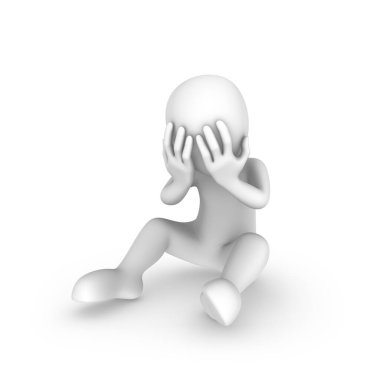 3D beyaz adam yerde oturuyor ve ağlıyor. 3d illüstrasyon.