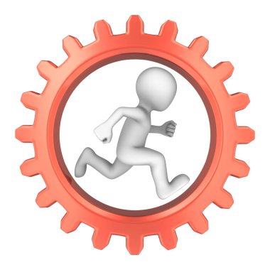 3D beyaz adam kırmızı dişlinin içinde koşuyor. 3d resimlendirme.