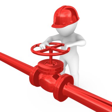 3D beyaz işçi borunun vanasını kapatıyor. 3d resimlendirme.