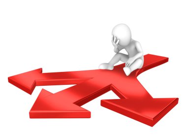 Red Arrow 'daki üç boyutlu üzgün adam. Seçim konsepti. 3d illüstrasyon.