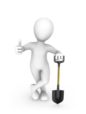 3D beyaz adam, elinde kürek olan bir adam iyi niyet göstergesi gösteriyor..