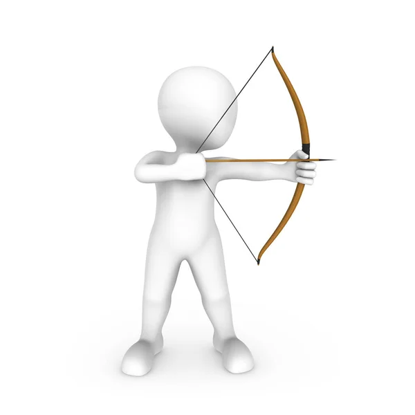 3d white man with a bow and arrow aims at a target. Moving towards Success.