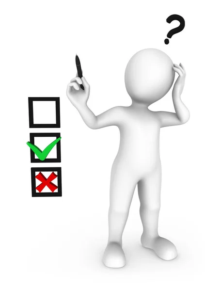 3D adam ne seçeceğini düşünüyor, evet ya da hayır ve kafasında bir soru işareti var. Seçim konsepti.