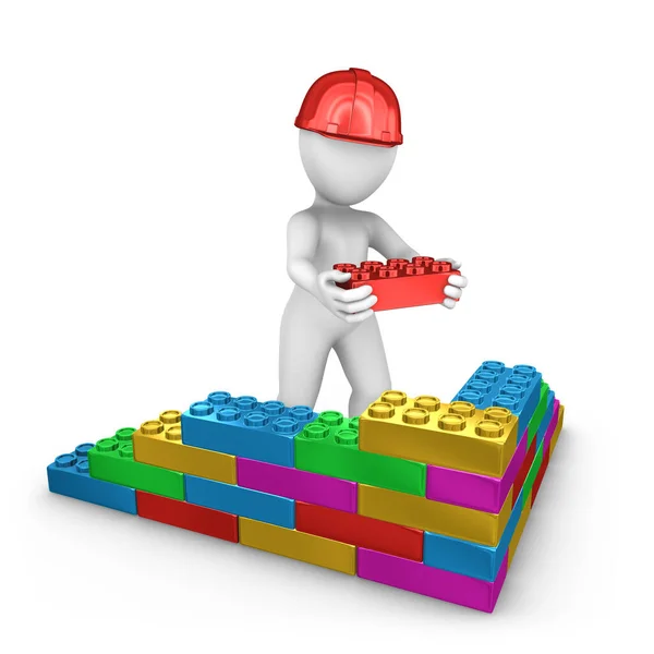 Builder Helmet Builds Colored Toy Brick Wall Rendered Illustration — Stock Photo, Image