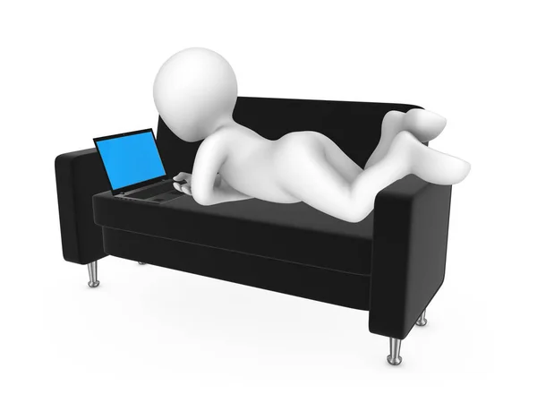 3d white man is resting on the couch with laptop — Stock Photo, Image