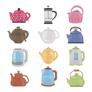 Çaydanlık çizgi film seti izole edildi. Vektör karikatür ikon elektrikli çaydanlık. Çaydanlıkların vektör illüstrasyonu.