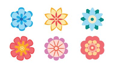Düz şekilli vektör dekoratif çiçek simgeleri seti. Bahar çiçekleri siluet koleksiyonu. Çiçeksel Clipart illüstrasyonu.