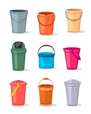 Farklı boş kovalar. Kova ve su kabının çizimi. Metal plastik ve ahşap kova koleksiyonu. Çöp konteynırları vektör illüstrasyonu.